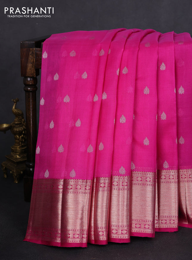 Kora kanchipuram silk saree pink with silver zari woven buttas and rich zari woven border