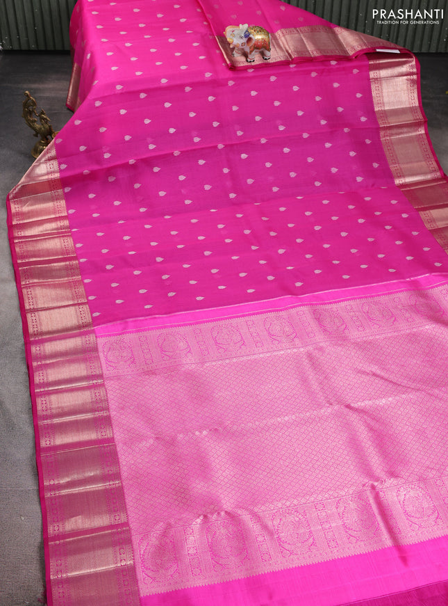 Kora kanchipuram silk saree pink with silver zari woven buttas and rich zari woven border