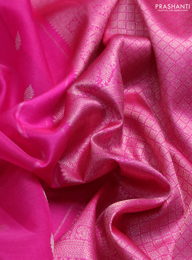 Kora kanchipuram silk saree pink with silver zari woven buttas and rich zari woven border