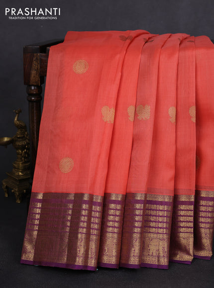 Kora kanchipuram silk saree peach shade and purple with zari woven buttas and rich zari woven border