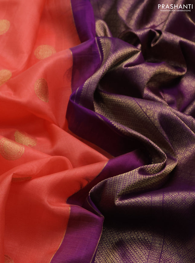 Kora kanchipuram silk saree peach shade and purple with zari woven buttas and rich zari woven border