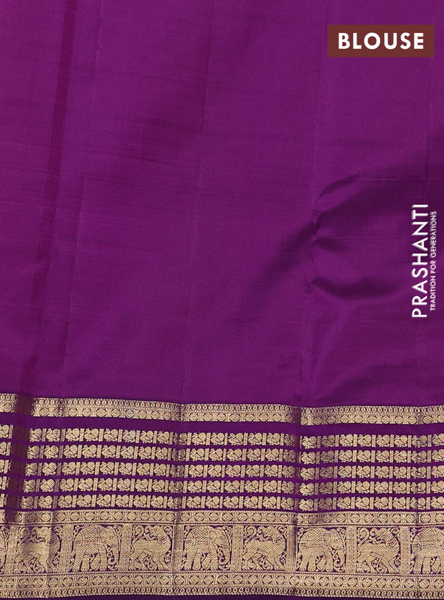 Kora kanchipuram silk saree peach shade and purple with zari woven buttas and rich zari woven border