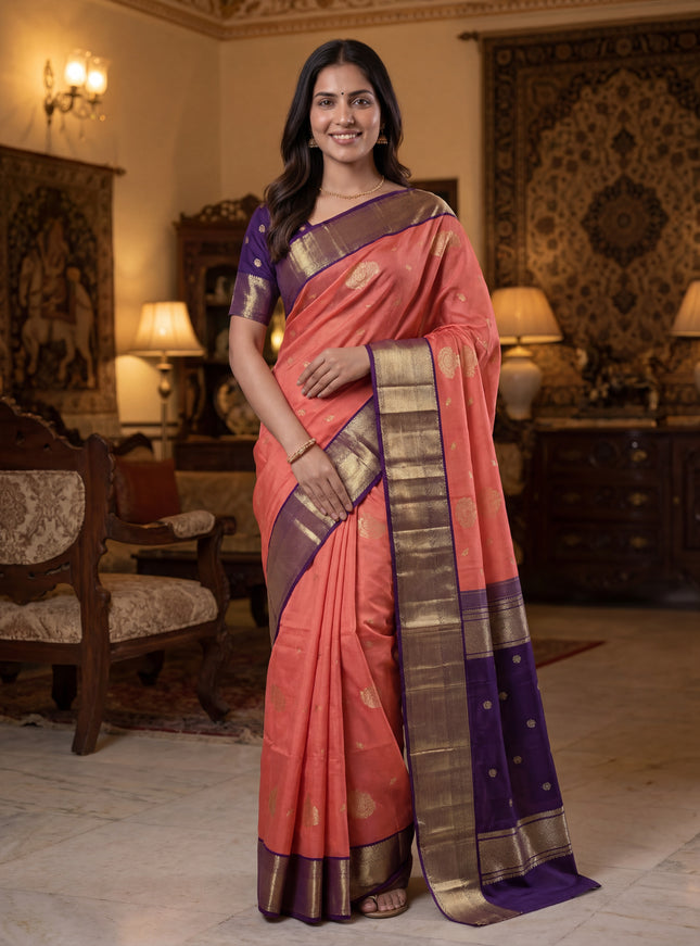 Kora kanchipuram silk saree dark peach and navy blue with zari woven buttas and long rich zari woven border