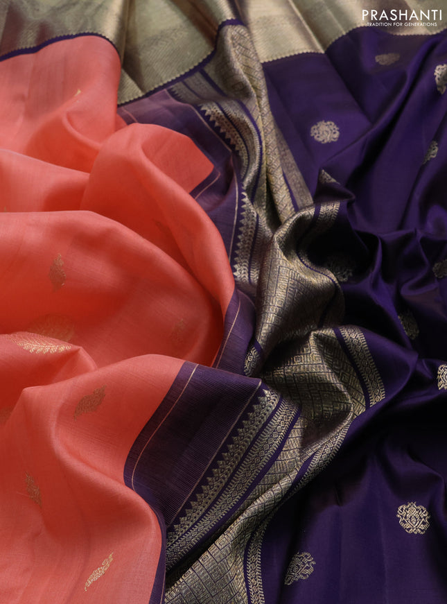 Kora kanchipuram silk saree dark peach and navy blue with zari woven buttas and long rich zari woven border