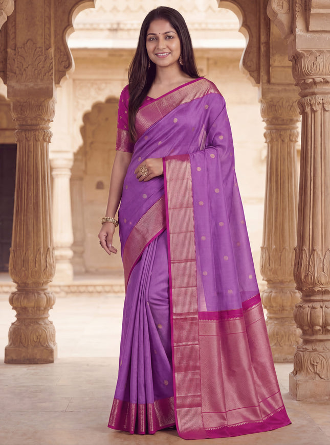 Kora kanchipuram silk saree lavender and pink with zari woven buttas and rich zari woven border