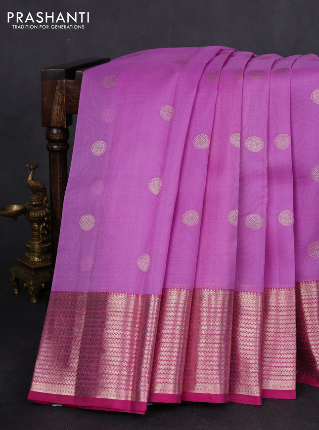 Kora kanchipuram silk saree lavender and pink with zari woven buttas and rich zari woven border