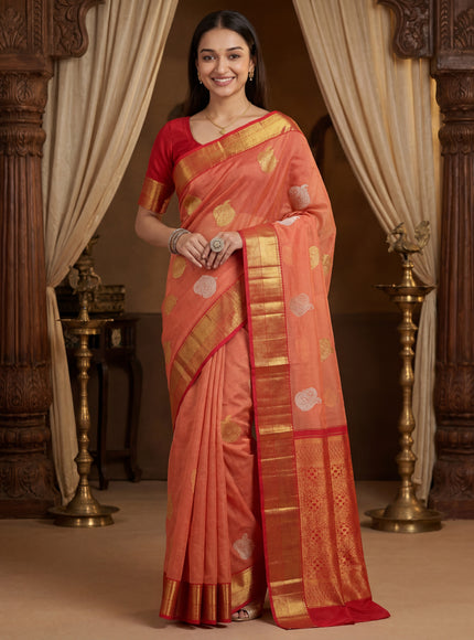 Kora kanchipuram silk saree peach oeange and red with zari woven buttas and rich zari woven border