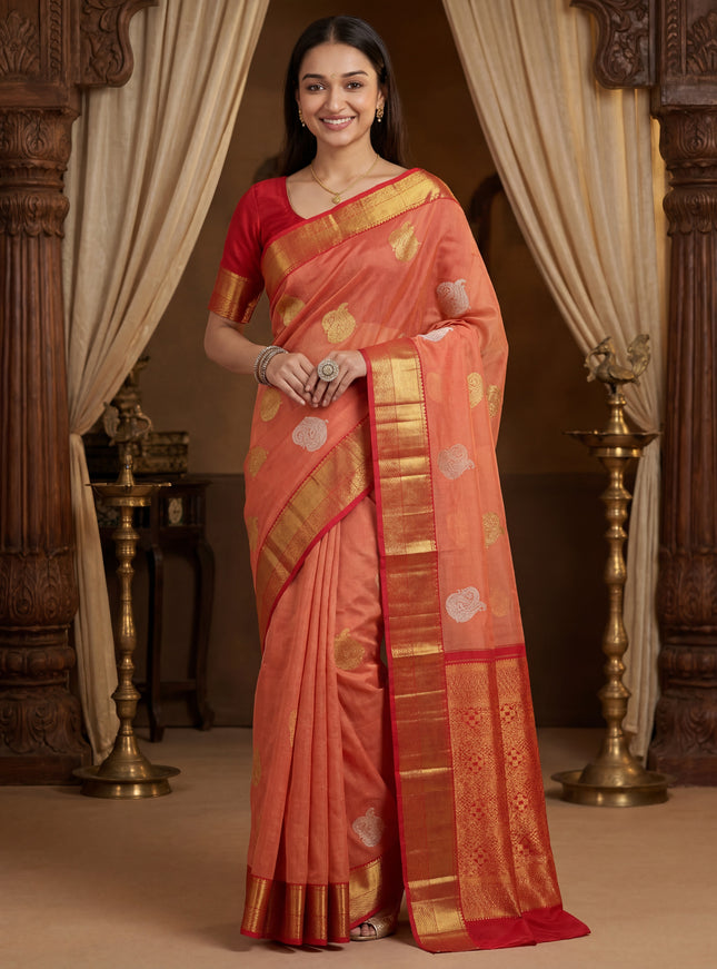 Kora kanchipuram silk saree peach oeange and red with zari woven buttas and rich zari woven border