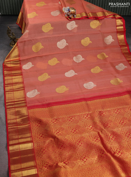 Kora kanchipuram silk saree peach oeange and red with zari woven buttas and rich zari woven border