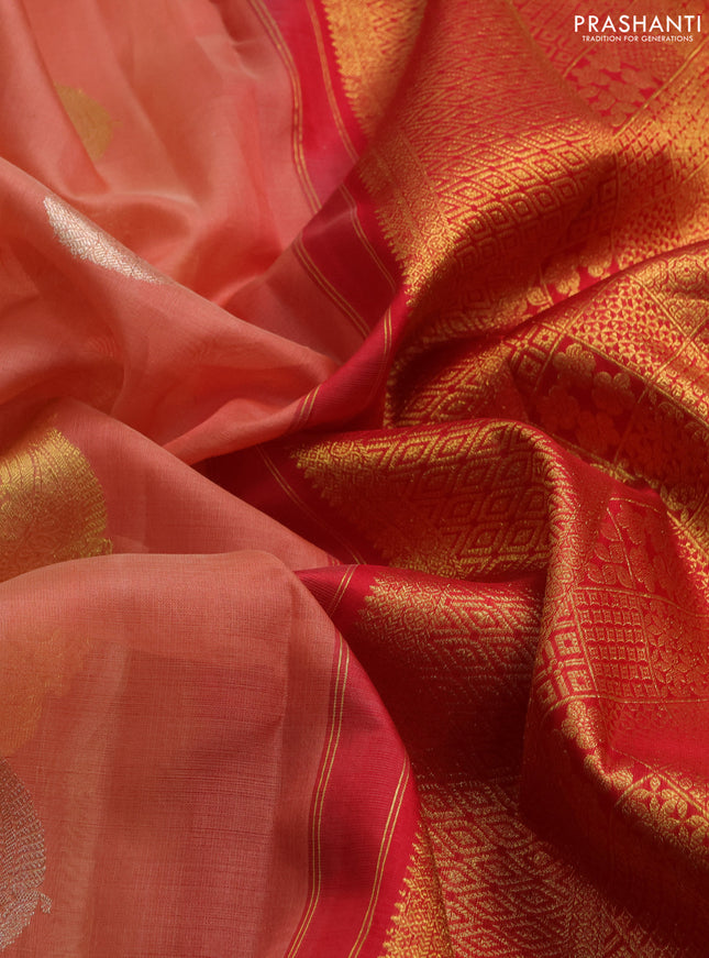 Kora kanchipuram silk saree peach oeange and red with zari woven buttas and rich zari woven border