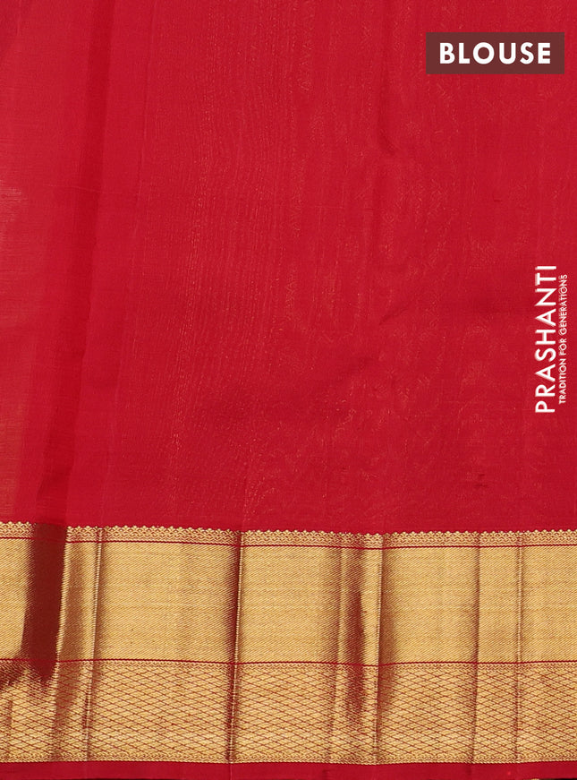 Kora kanchipuram silk saree peach oeange and red with zari woven buttas and rich zari woven border