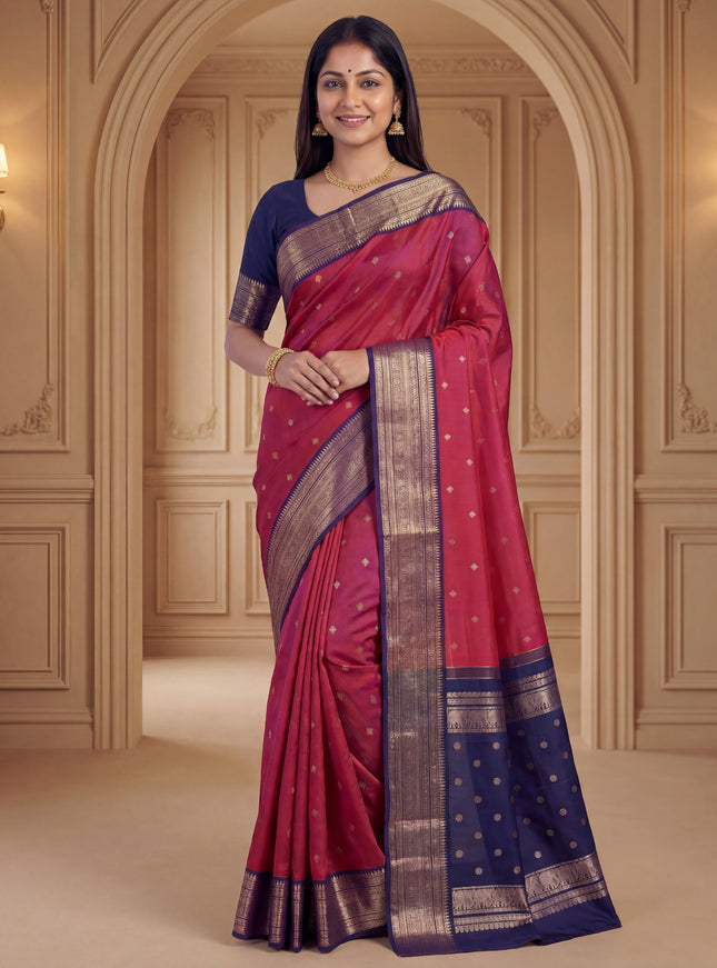 Kora kanchipuram silk saree dual shade of magenta pink and navy blue with zari woven buttas and rich zari woven border