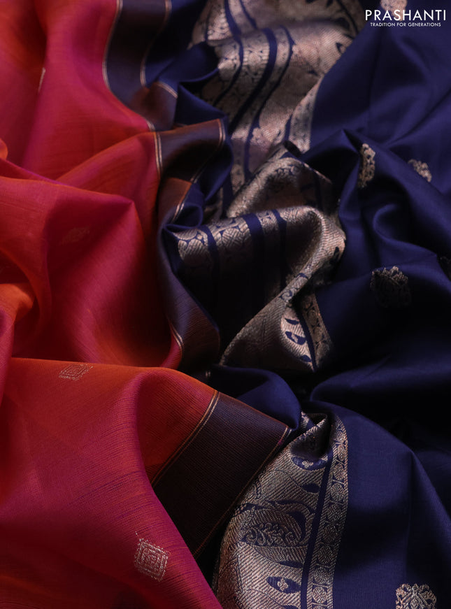 Kora kanchipuram silk saree dual shade of magenta pink and navy blue with zari woven buttas and rich zari woven border