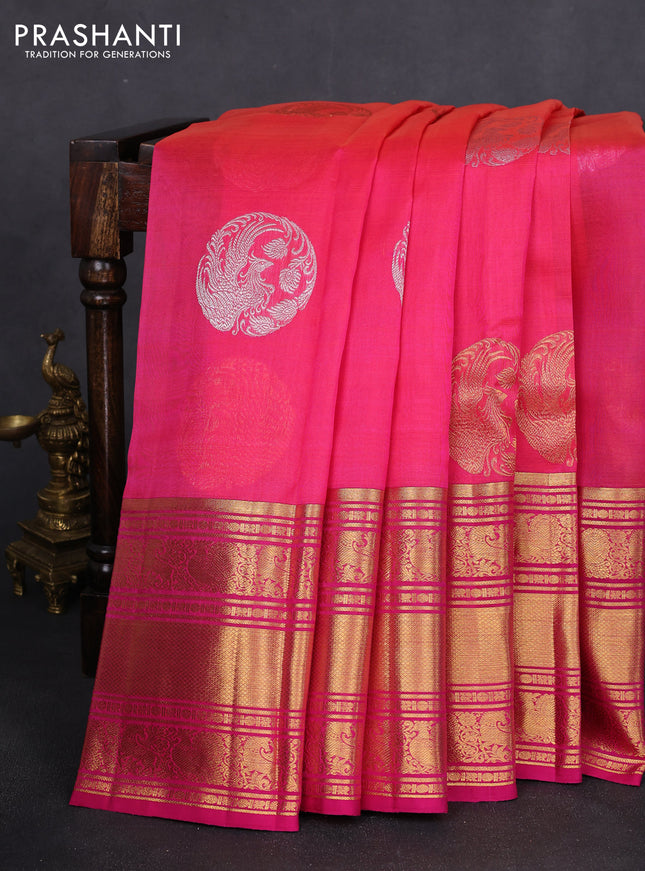 Kora kanchipuram silk saree pinkish orange and pink with silver & gold zari woven buttas and long rich zari woven border