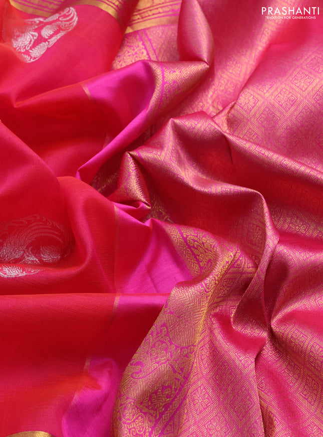 Kora kanchipuram silk saree pinkish orange and pink with silver & gold zari woven buttas and long rich zari woven border