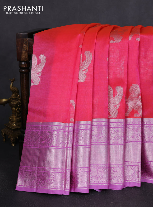 Kora kanchipuram silk saree candy pink and lavender with silver zari woven buttas and rich silver zari woven border