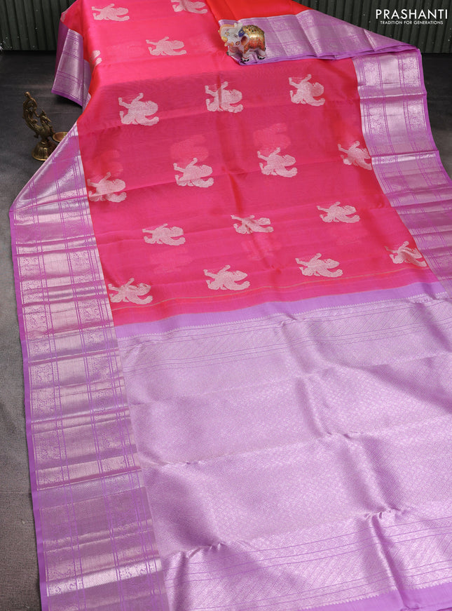 Kora kanchipuram silk saree candy pink and lavender with silver zari woven buttas and rich silver zari woven border