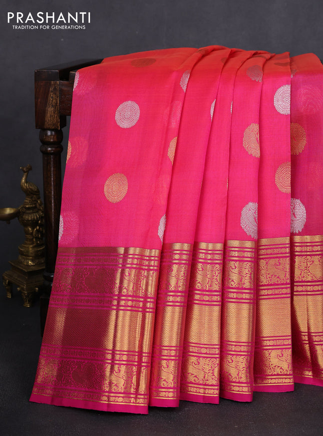 Kora kanchipuram silk saree dual shade of pink and pink with silver & gold zari woven buttas and long rich zari woven border