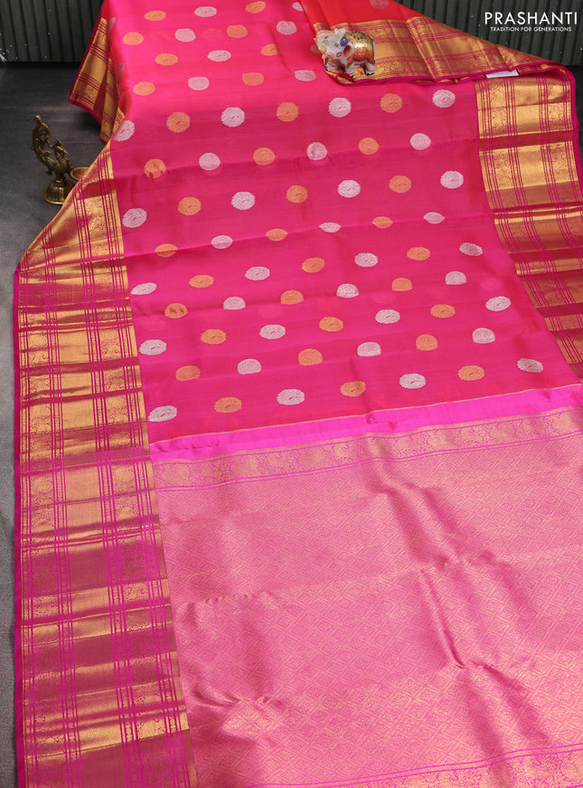 Kora kanchipuram silk saree dual shade of pink and pink with silver & gold zari woven buttas and long rich zari woven border