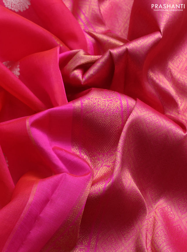 Kora kanchipuram silk saree dual shade of pink and pink with silver & gold zari woven buttas and long rich zari woven border