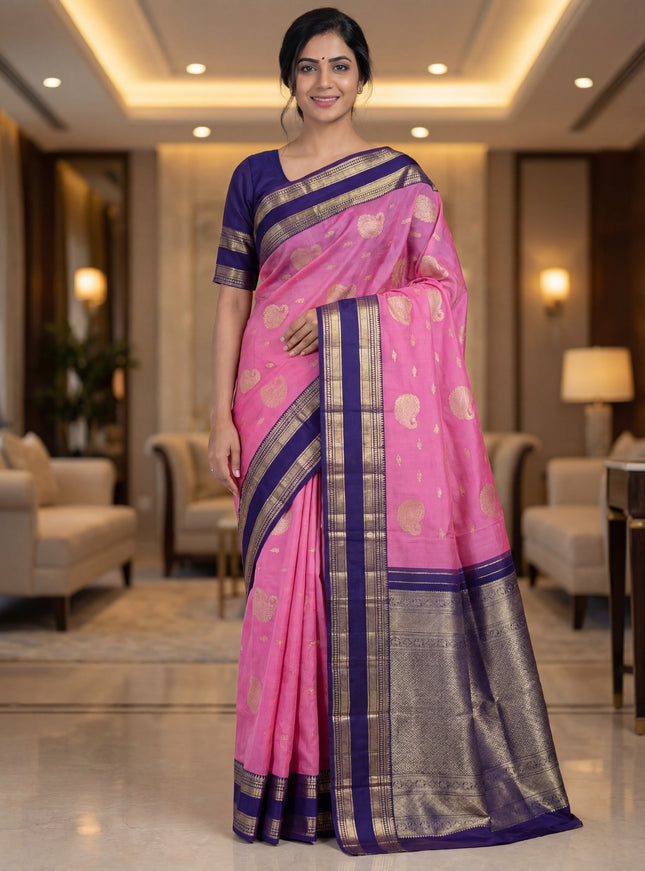Kora kanchipuram silk saree pink and dark blue with zari woven buttas and rettapet zari woven border