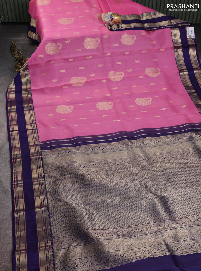 Kora kanchipuram silk saree pink and dark blue with zari woven buttas and rettapet zari woven border
