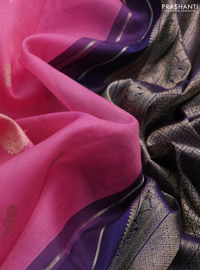 Kora kanchipuram silk saree pink and dark blue with zari woven buttas and rettapet zari woven border