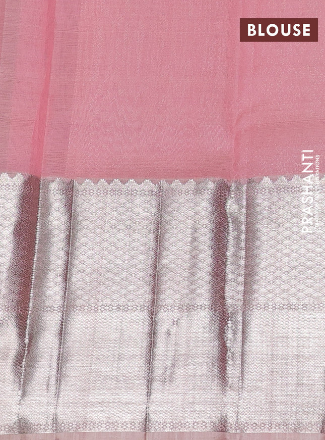Kora kanchipuram silk saree peach pink and pastel peach with zari woven buttas and long silver zari woven border
