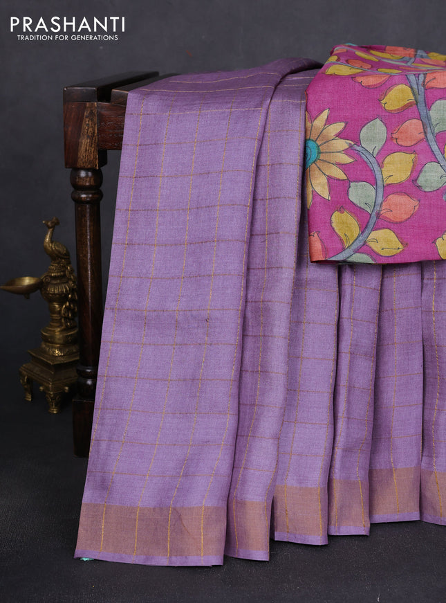 Pure tussar silk saree pastel purple and magenta pink with allover zari woven checked pattern and zari woven border