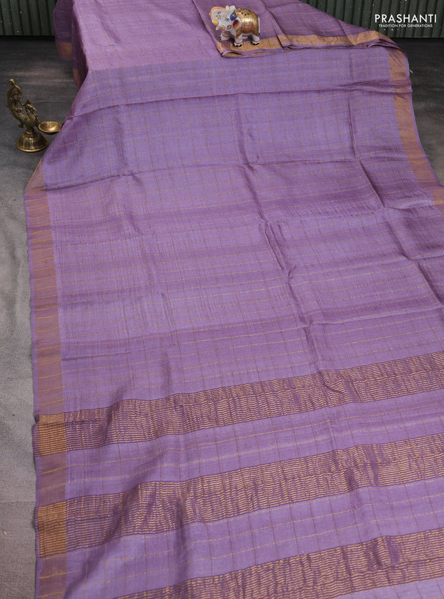 Pure tussar silk saree pastel purple and magenta pink with allover zari woven checked pattern and zari woven border