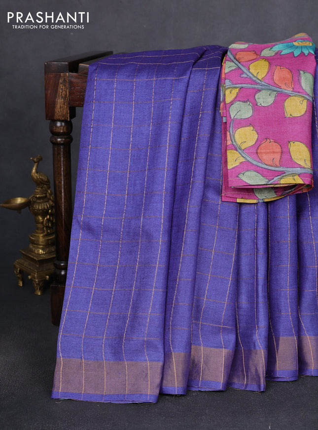 Pure tussar silk saree blue and magenta pink with allover zari woven checked pattern and zari woven border