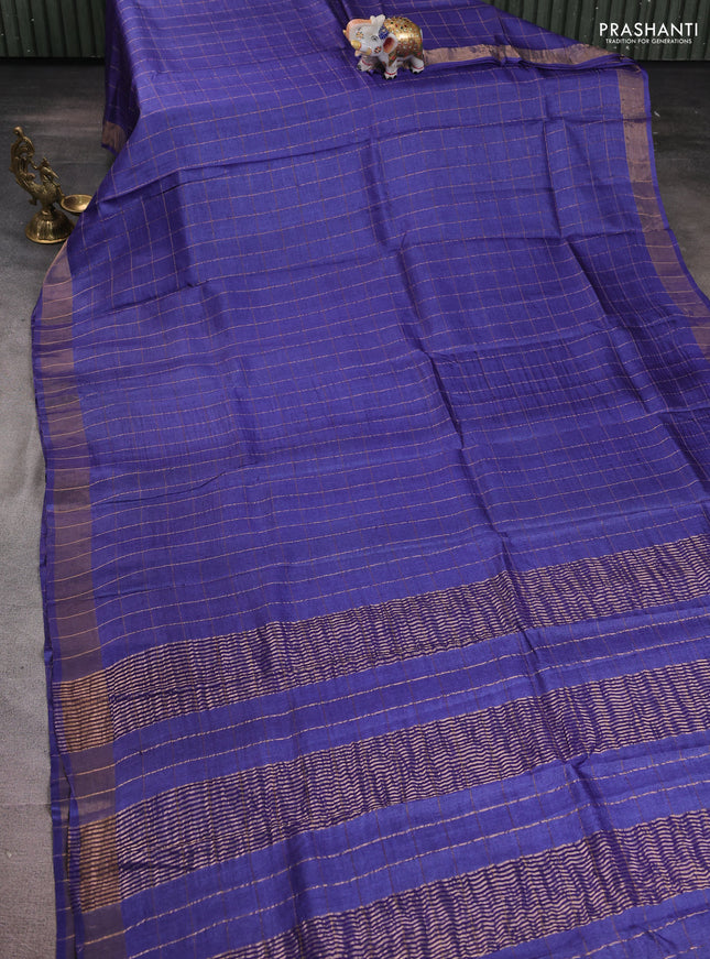 Pure tussar silk saree blue and magenta pink with allover zari woven checked pattern and zari woven border