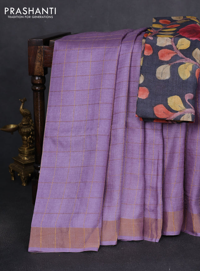Pure tussar silk saree pastel purple and black with allover zari woven checked pattern and zari woven border