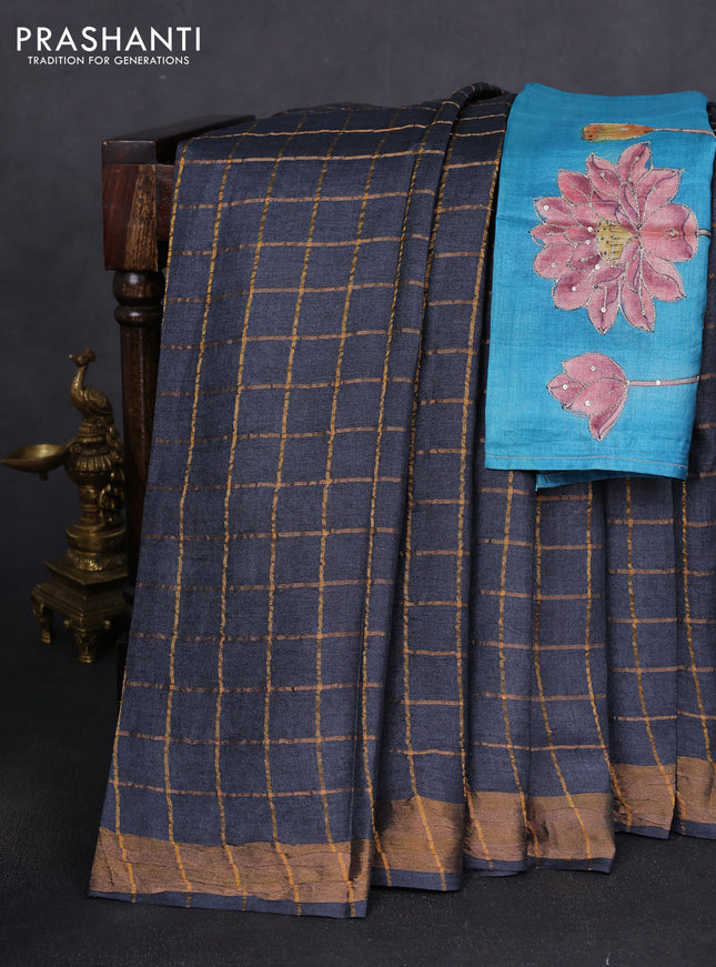 Pure tussar silk saree elephant grey and teal blue with allover zari woven checked pattern and zari woven border