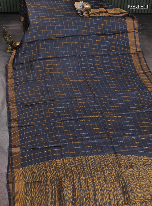 Pure tussar silk saree elephant grey and teal blue with allover zari woven checked pattern and zari woven border