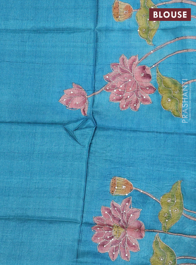 Pure tussar silk saree elephant grey and teal blue with allover zari woven checked pattern and zari woven border