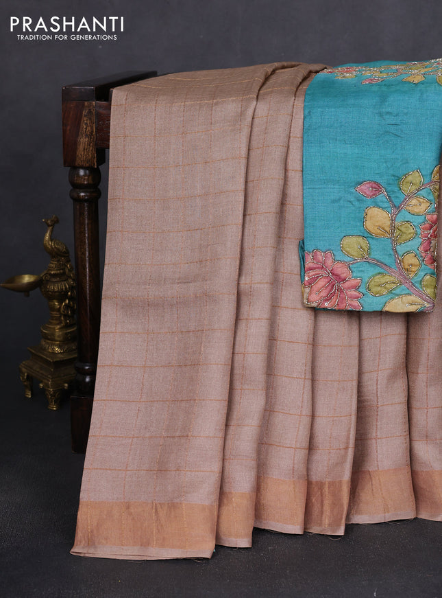 Pure tussar silk saree beige and teal green with allover zari woven checked pattern and zari woven border