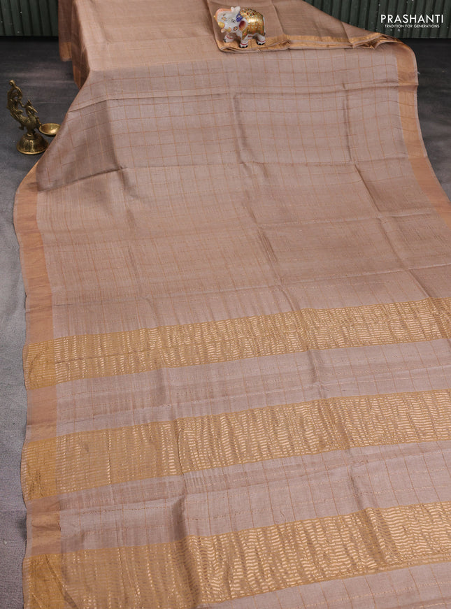 Pure tussar silk saree beige and teal green with allover zari woven checked pattern and zari woven border