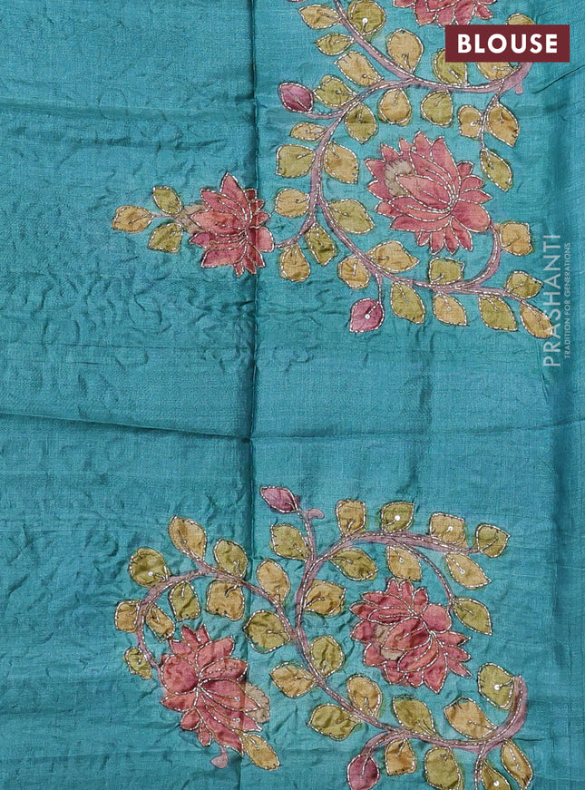 Pure tussar silk saree beige and teal green with allover zari woven checked pattern and zari woven border