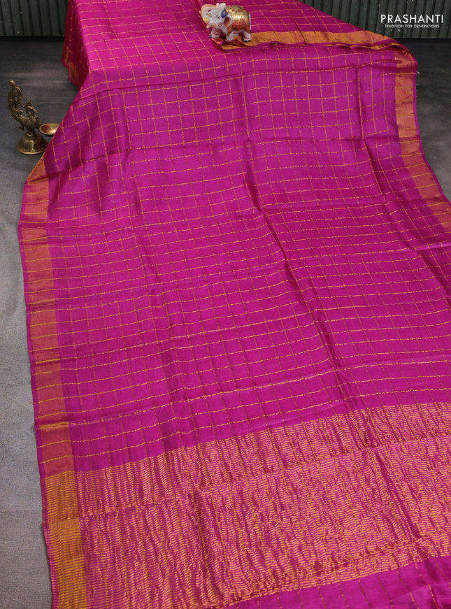 Pure tussar silk saree pink and teal blue with allover zari woven checked pattern and zari woven border