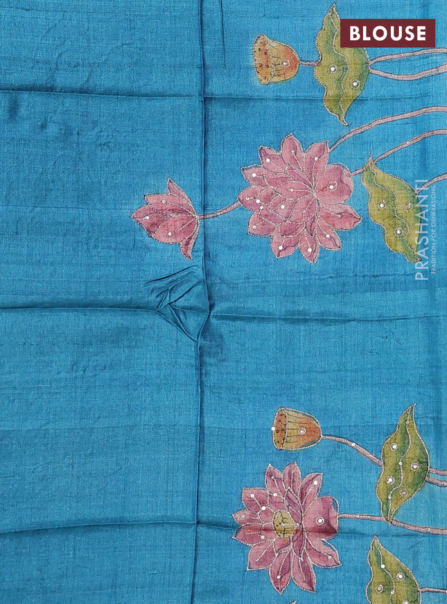 Pure tussar silk saree pink and teal blue with allover zari woven checked pattern and zari woven border