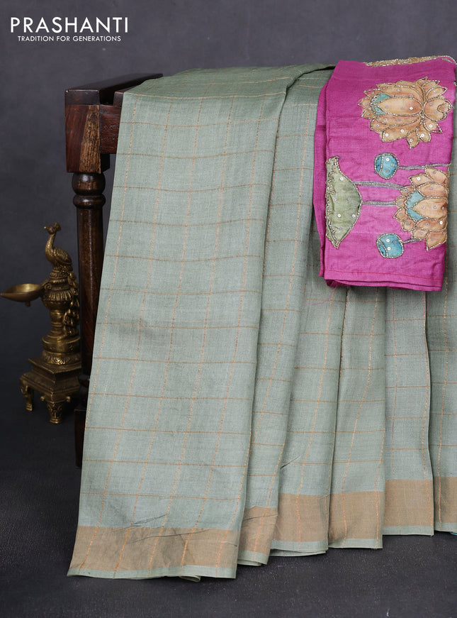 Pure tussar silk saree pastel green and purple shade with allover zari woven checked pattern and zari woven border