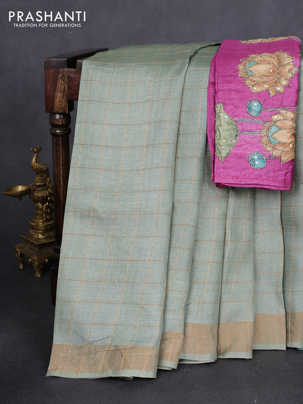 Pure tussar silk saree pastel green and purple shade with allover zari woven checked pattern and zari woven border
