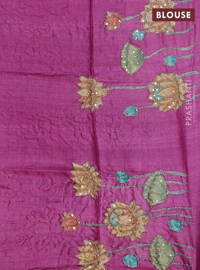 Pure tussar silk saree pastel green and purple shade with allover zari woven checked pattern and zari woven border