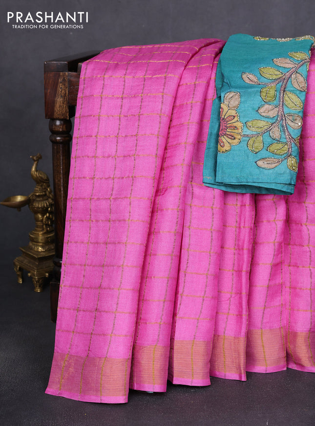 Pure tussar silk saree pink and teal green with allover zari woven checked pattern and zari woven border