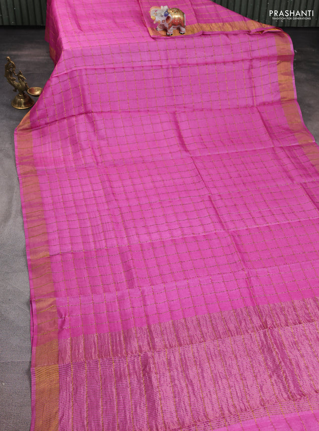 Pure tussar silk saree pink and teal green with allover zari woven checked pattern and zari woven border