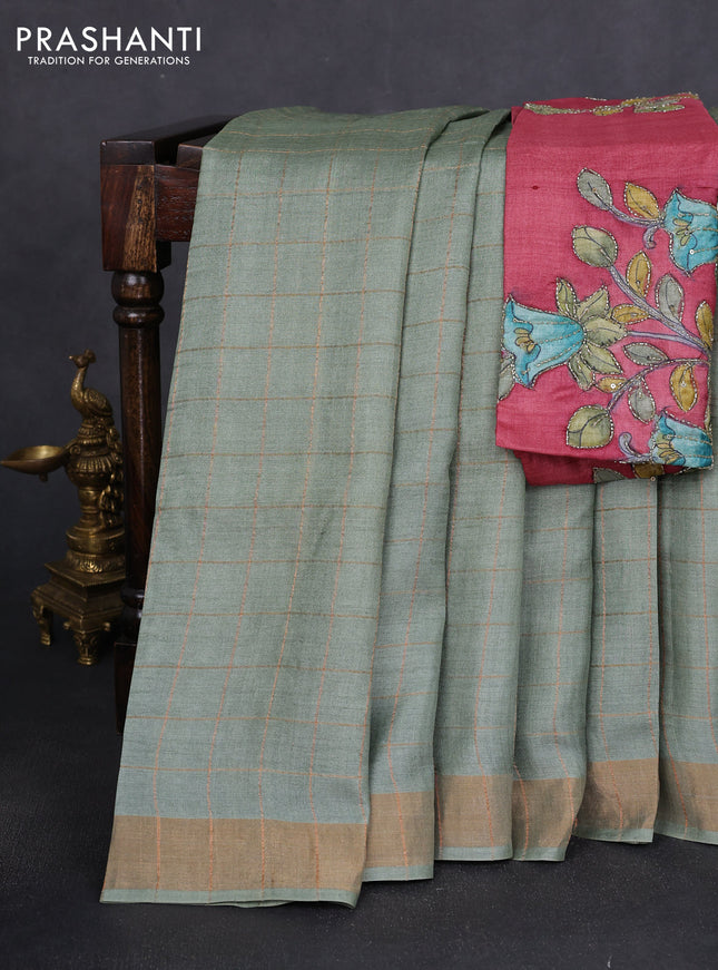 Pure tussar silk saree pastel green and pastel maroon with allover zari woven checked pattern and zari woven border
