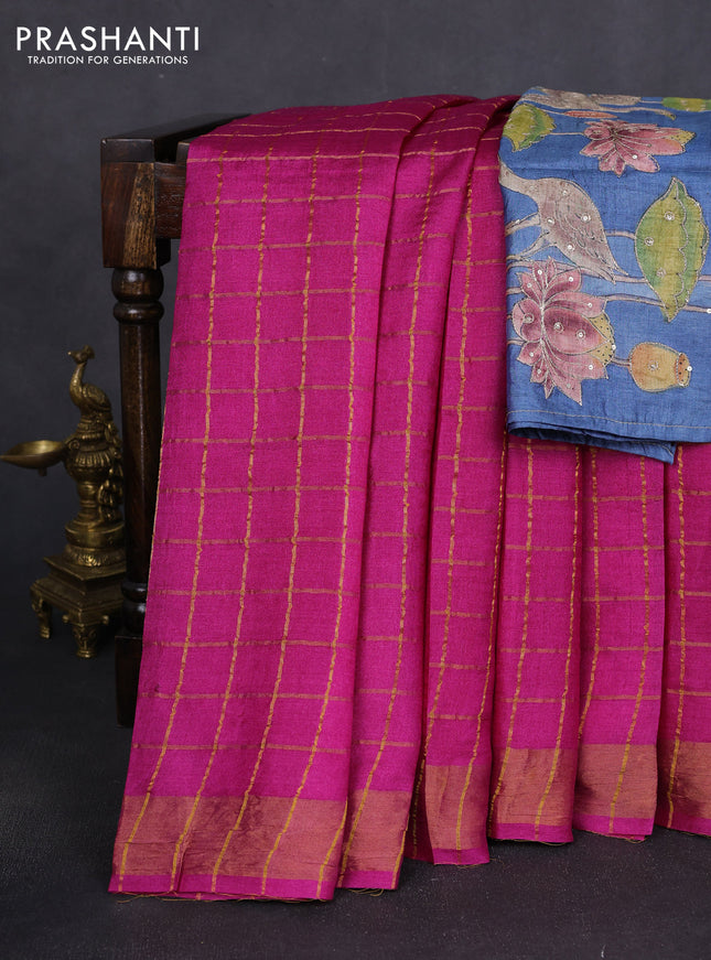 Pure tussar silk saree pink and blue shade with allover zari woven checked pattern and zari woven border