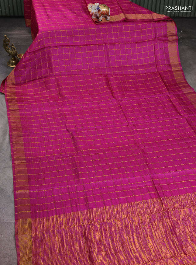 Pure tussar silk saree pink and blue shade with allover zari woven checked pattern and zari woven border