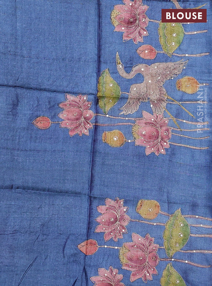 Pure tussar silk saree pink and blue shade with allover zari woven checked pattern and zari woven border